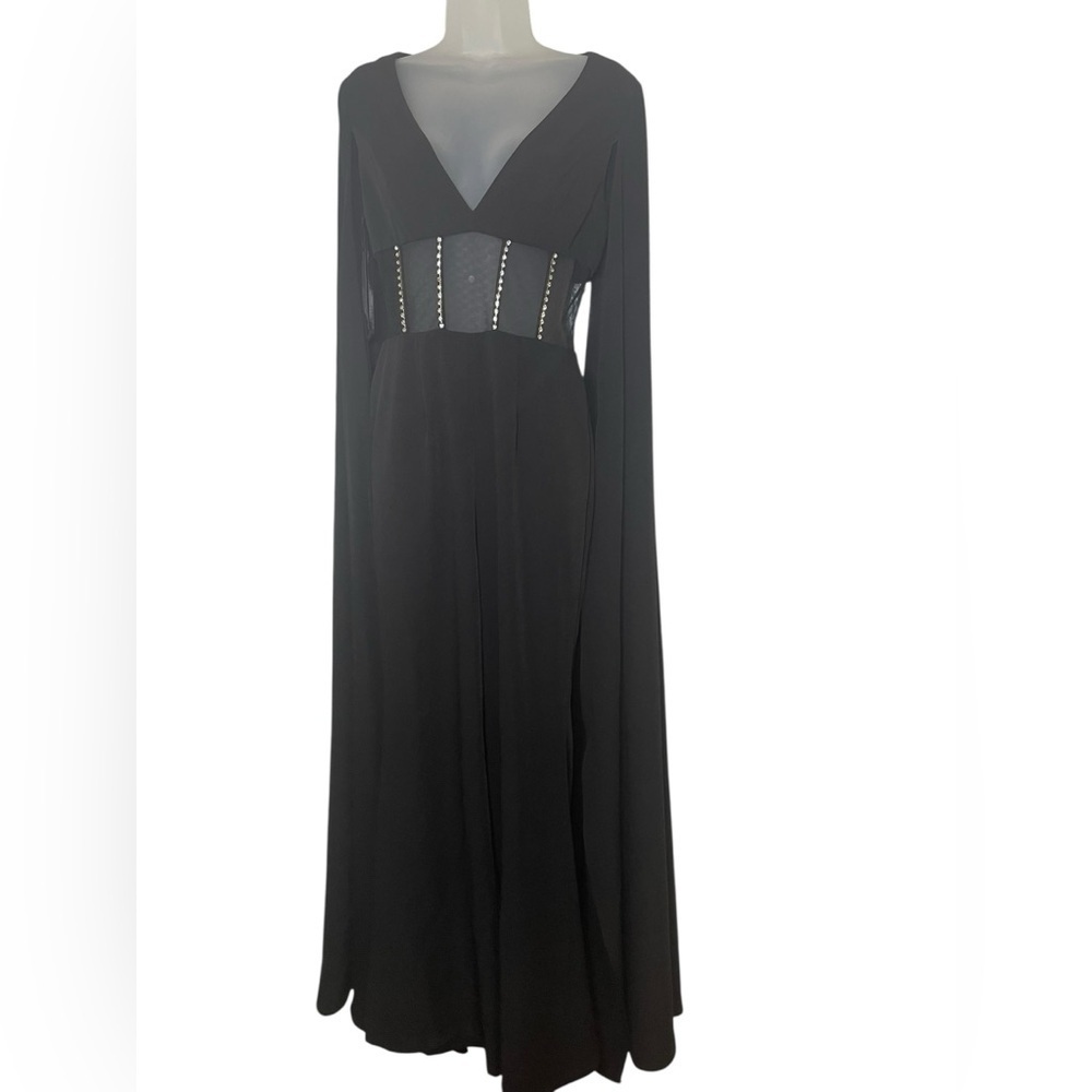 Mac Duggal New 49853 Sample Black Jumpsuit Cape Sleeves Sheer Abdomen Size 2 - Picture 2 of 10